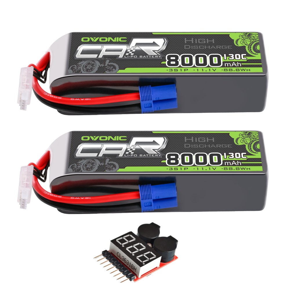 2 x OVONIC 3S 8000mAh 11.1V 130C Lipo Battery with EC5 Connector & Lipo Voltage Checker for 1/8 & 1/10 scale RC Car Truck Boat RC Airplane RC Racing