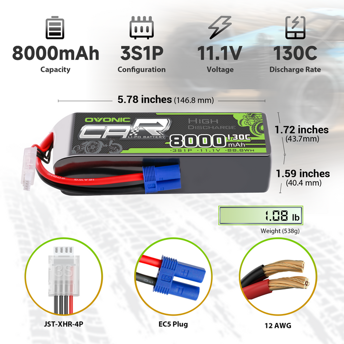 2 x OVONIC 3S 8000mAh 11.1V 130C Lipo Battery with EC5 Connector & Lipo Voltage Checker for 1/8 & 1/10 scale RC Car Truck Boat RC Airplane RC Racing