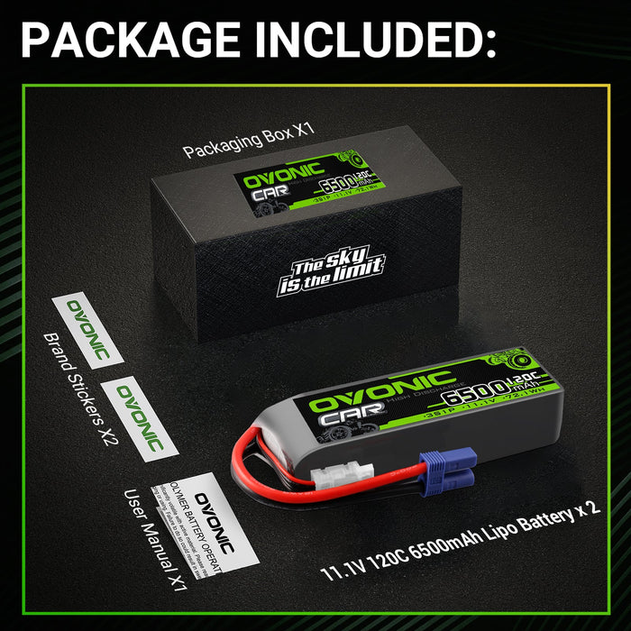 2X Ovonic 120C 3S 6500mAh 11.1V LiPo Battery For Arrma  -  EC5 Plug