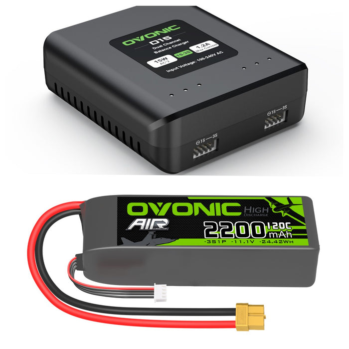Ovonic 120C 3S 2200mAh 11.1V LiPo XT60 Plug Battery with D15 Dual 1.2A 1-3S LiPo Charger