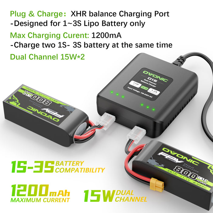Ovonic 120C 3S 2200mAh 11.1V LiPo XT60 Plug Battery with D15 Dual 1.2A 1-3S LiPo Charger