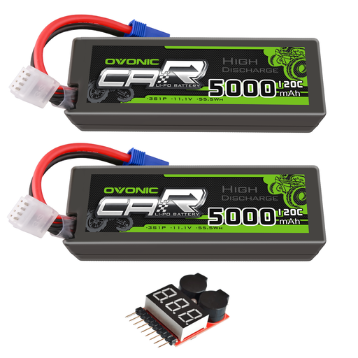 2 x OVONIC 11.1V 120C 5000mAh 3S Lipo Battery with EC5 Plug & Lipo Voltage Checker for 1/8 & 1/10 Scale RC Car Truck Boat RC Airplane Helicopter RC Vehicles