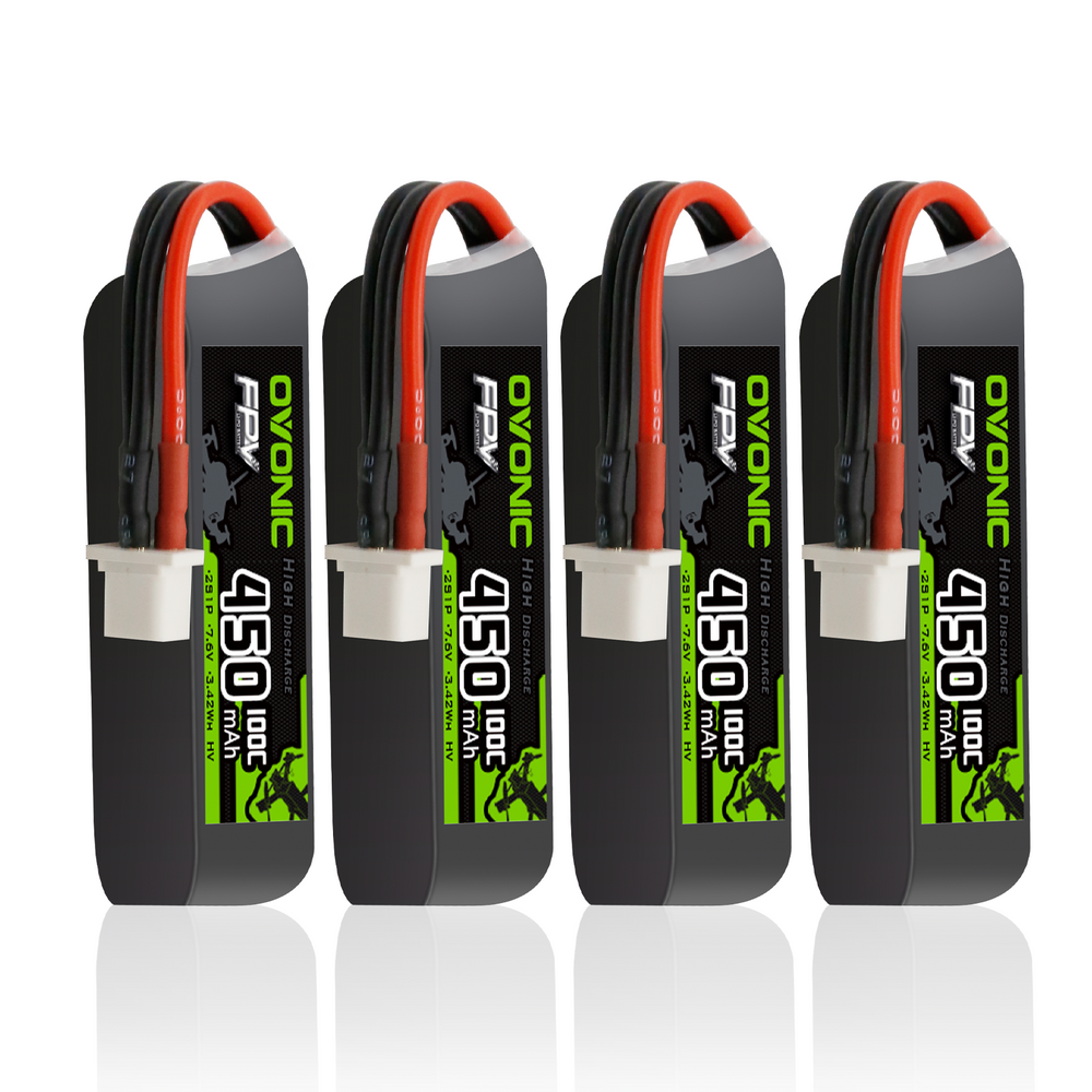 4×OVONIC 2S Lipo Battery 450mAh 2S1P 100C 7.6V LiHV LiPo Battery with BT3.0 Plug for 2S Tinywhoop Drone Brushless Quadcopter