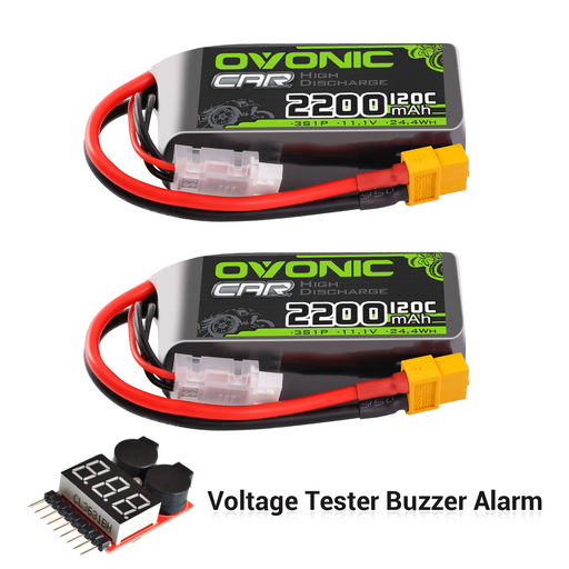 2x OVONIC 11.1V 120C 2200mah 3S Shorty Lipo Battery XT60 Plug With 1-8S Lipo Voltage Tester