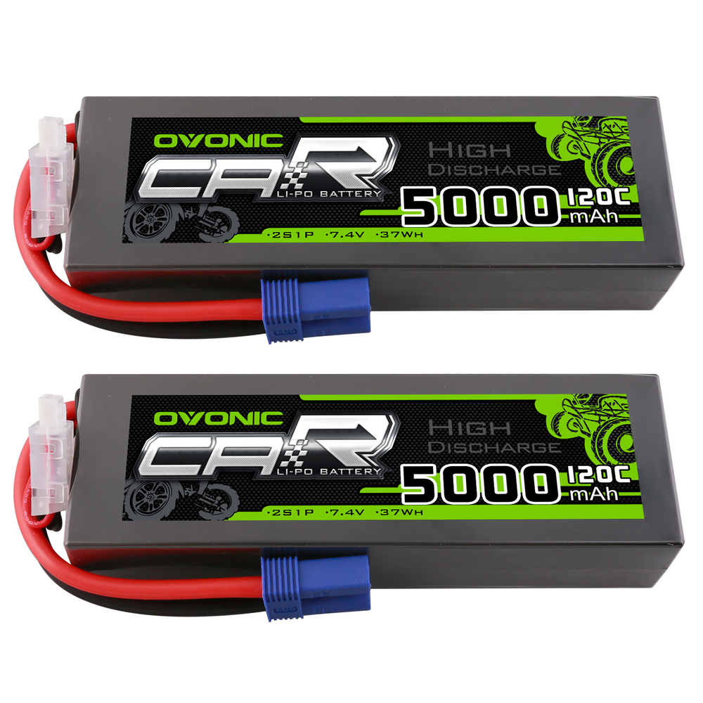 2x Ovonic 7.4V 120C 5000mAh 2S LiPo Battery with EC5 plug for 1/8 & 1/10 scale RC Vehicle - Ovonicshop