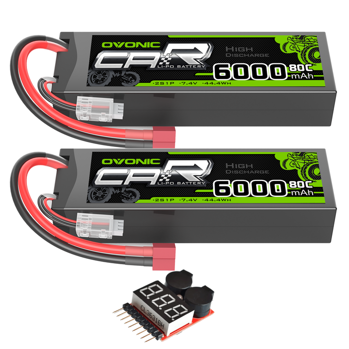 2X Ovonic 7.4V 80C 6000mAh 2S LiPo Battery Deans with Battery Voltage Tester