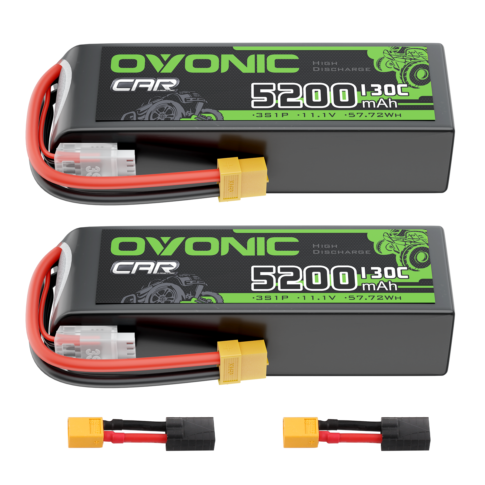 2x Ovonic 3S 5200mAh 130C LiPo Battery with XT60 to TRA Plug for 1/10