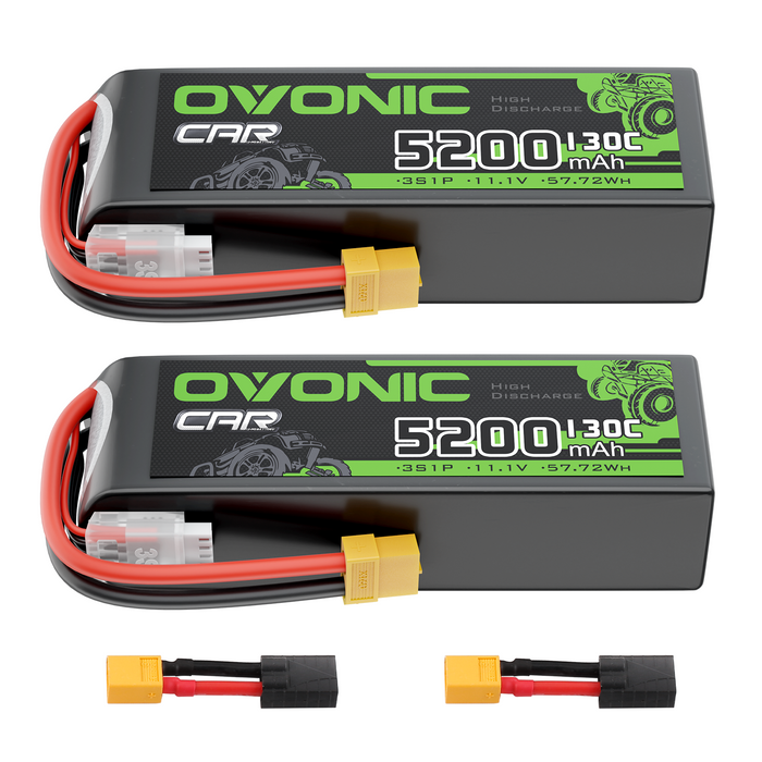 2x Ovonic 3S 5200mAh 130C LiPo Battery with XT60 to TRA Plug for 1/10 RC Slash Rustler Stampede