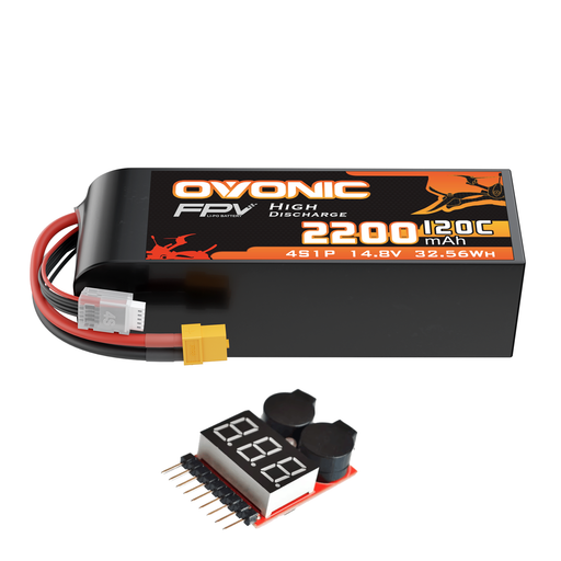 OVONIC 4S 120C 2200mAh 14.8V Lipo Battery with XT60 Connector & Lipo Voltage Checker for 5-Inch Freestyle FPV Racing Drone 4-7 inch Long-Range Drones
