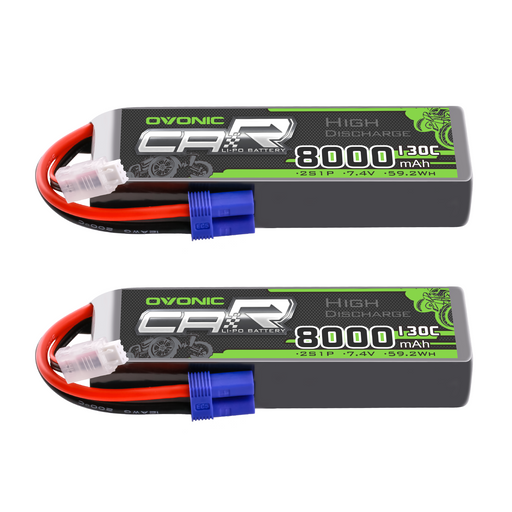 2x OVONIC 2S 8000mAh 7.4V 130C Lipo Battery with EC5 Connector for RC cars, Trucks, Boats, and Airplanes