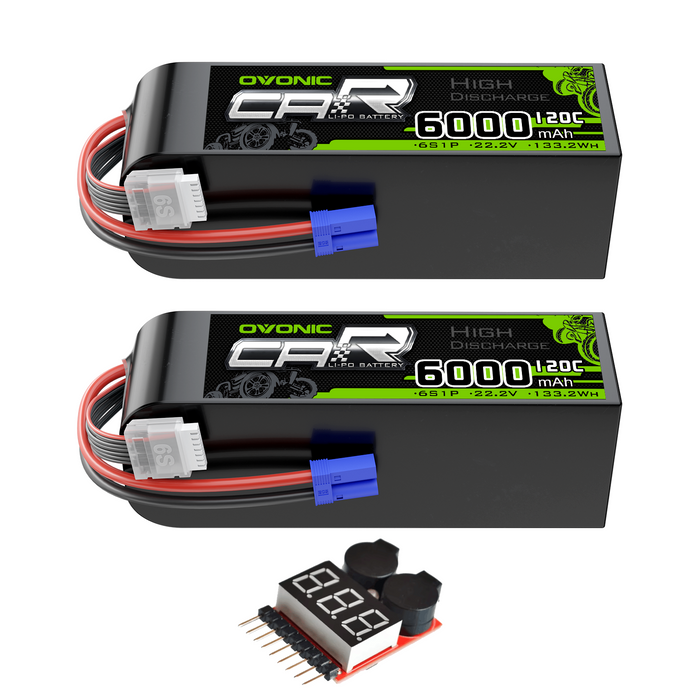 2 x OVONIC 6S Battery 6000mAh 22.2V 120C Lipo Battery with EC5 Connector & Lipo Voltage Checker for 1/8 Scale RC Car & Truck Boat RC Airplane RC Racing