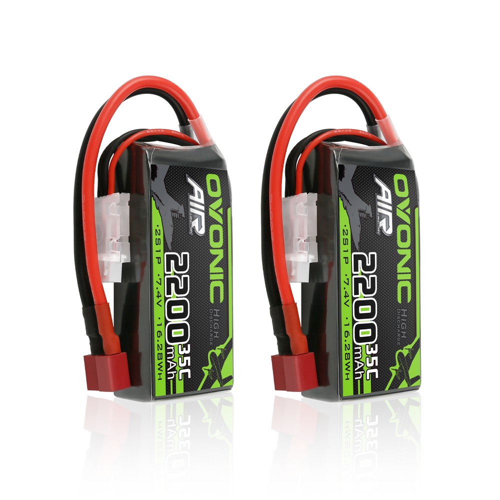 2x Ovonic 2S 2200mAh 35C 7.4V Short LiPo Battery for Aircraft Drone - T Plug for RC Airplanes & 1/14 Scale RC Cars