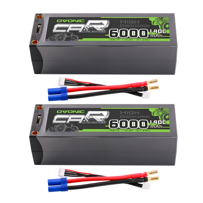 2× OVONIC 4S1P 6000mAh 140C 14.8V LiPo Battery with 5mm Bullet to EC5 Plug for for 1/5 Scale RC Cars & Drag Racing