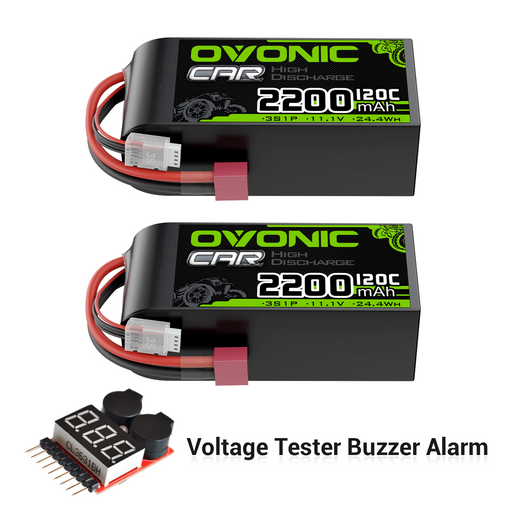 2x OVONIC 11.1V 120C 2200mah 3S Shorty Lipo Battery T Plug With 1-8S Lipo Voltage Tester