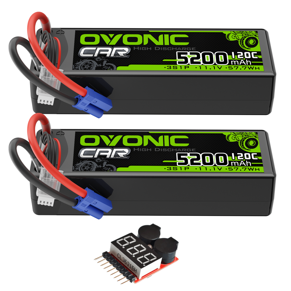 2x OVONIC 3S LiPo Battery 11.1V 5200mAh 120C with EC5 Plug & Lipo Voltage Checker for 1/8 & 1/10 scale RC Cars Trucks Crawlers Buggies Racing RC Hobby - Ovonicshop