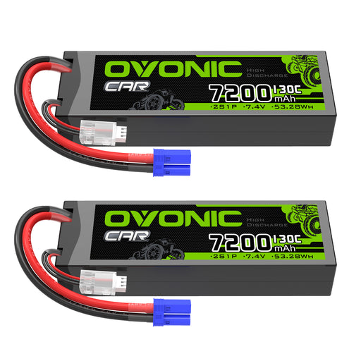 2 x OVONIC 2S 7200mAh 130C Hardcase 7.4V Lipo Battery with EC5 Plug for 1/10 scale Vehicles Car RC Truck