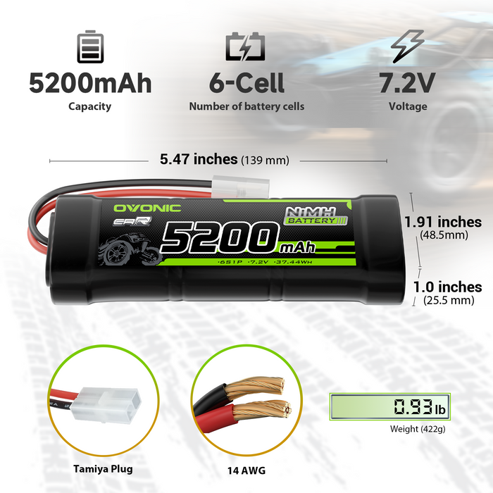 2 × OVONIC 7.2V 5200mAh NiMH Battery Pack 6-Cell with Tamiya Plug for 1/10 RC Cars & Trucks