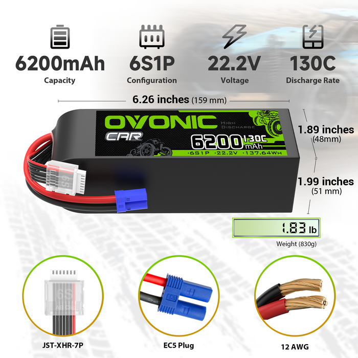 2X OVONIC 6S 6200mAh 22.2V 130C LiPo Battery with EC5 Plug for 1/8 & 1/7 Scale RC Car 6S RC Boat Airplane