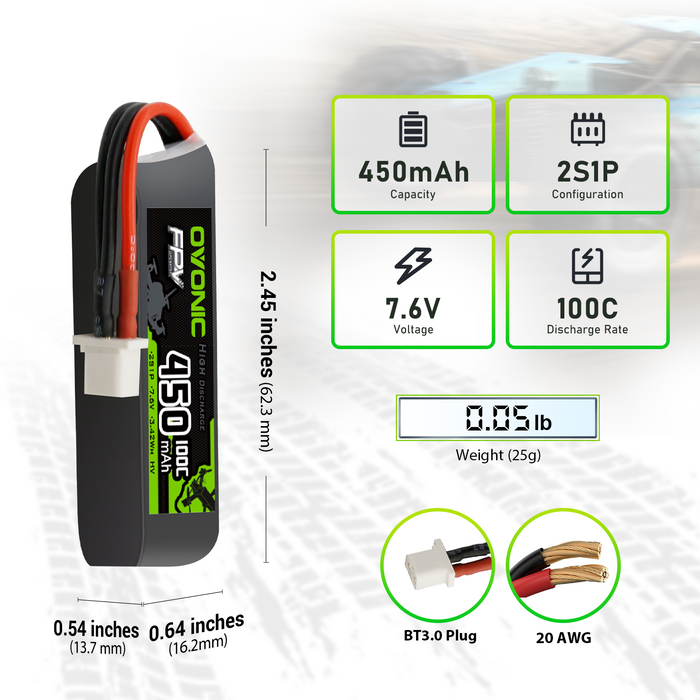 (Pre-Sale)4×OVONIC 2S Lipo Battery 450mAh 2S1P 100C 7.6V LiHV LiPo Battery with BT3.0 Plug for 2S Tinywhoop Drone Brushless Quadcopter
