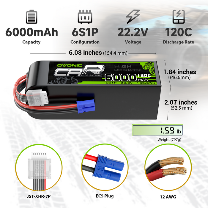 2 x OVONIC 6S Battery 6000mAh 22.2V 120C Lipo Battery with EC5 Connector & Lipo Voltage Checker for 1/8 Scale RC Car & Truck Boat RC Airplane RC Racing