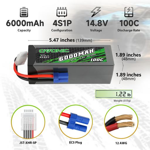 Ovonic Rebel 100C 4S 6000mAh 14.8V Hardcase#32 LiPo Battery For Arrma Outcast Kraton 8S Truck -  EC5 Plug