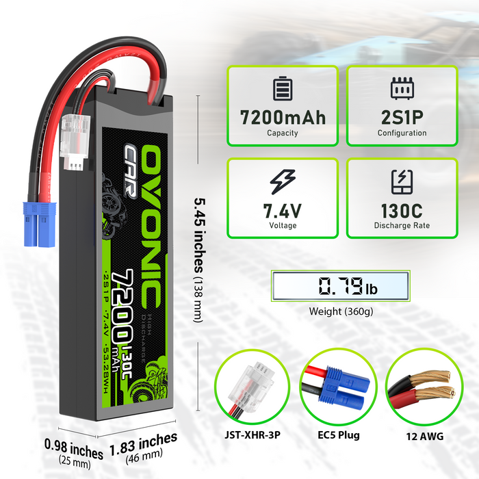 2x OVONIC 2S 7200mAh 130C Hardcase 7.4V Lipo Battery with EC5 Plug for 1/10 scale Vehicles Car RC Truck - Ovonicshop