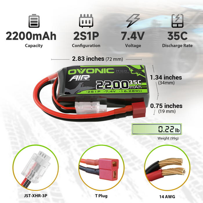 2x Ovonic 2S 2200mAh 35C 7.4V Short LiPo Battery for Aircraft Drone - T Plug for RC Airplanes & 1/14 Scale RC Cars