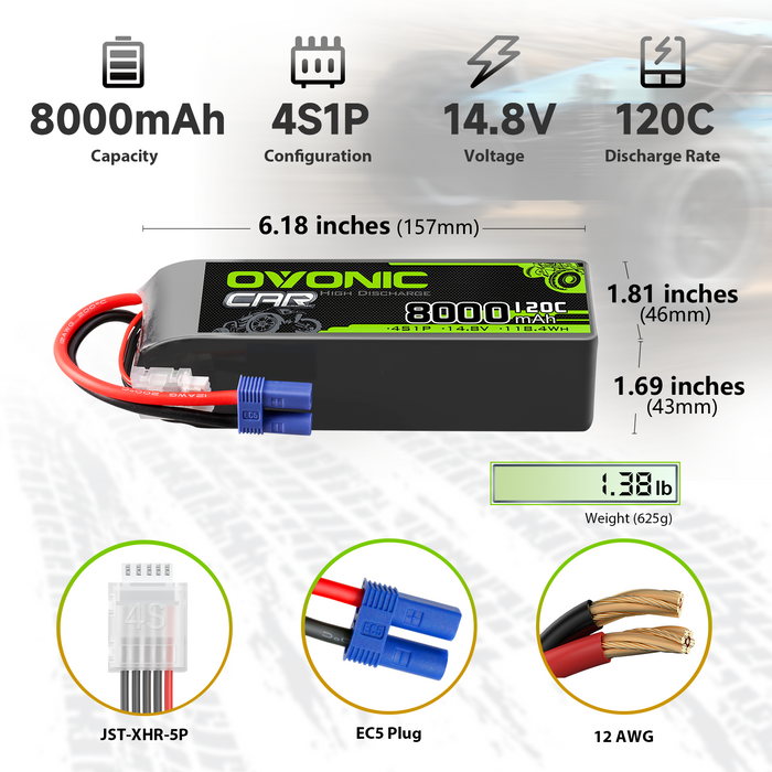 [2pcs] Ovonic 14.8V 120C 8000mAh 4S1P LiPo Battery EC5 For Arrma Outcast Truck Buggy