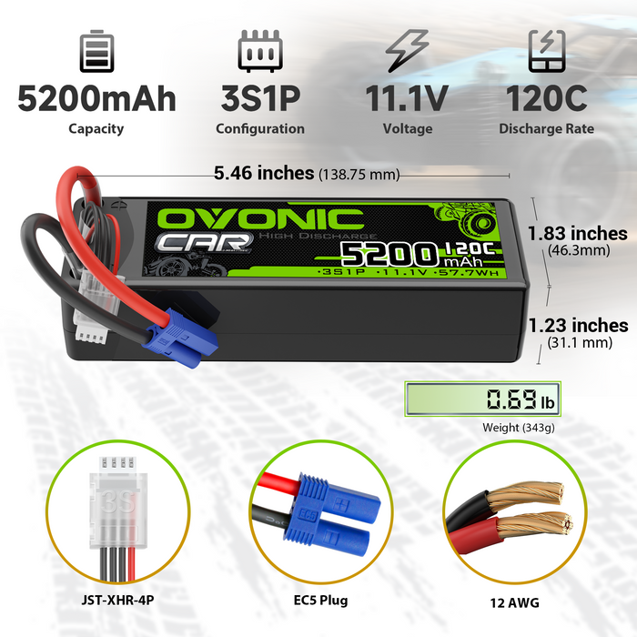 2x OVONIC 3S LiPo Battery 11.1V 5200mAh 120C with EC5 Plug & Lipo Voltage Checker for 1/8 & 1/10 scale RC Cars Trucks Crawlers Buggies Racing RC Hobby - Ovonicshop