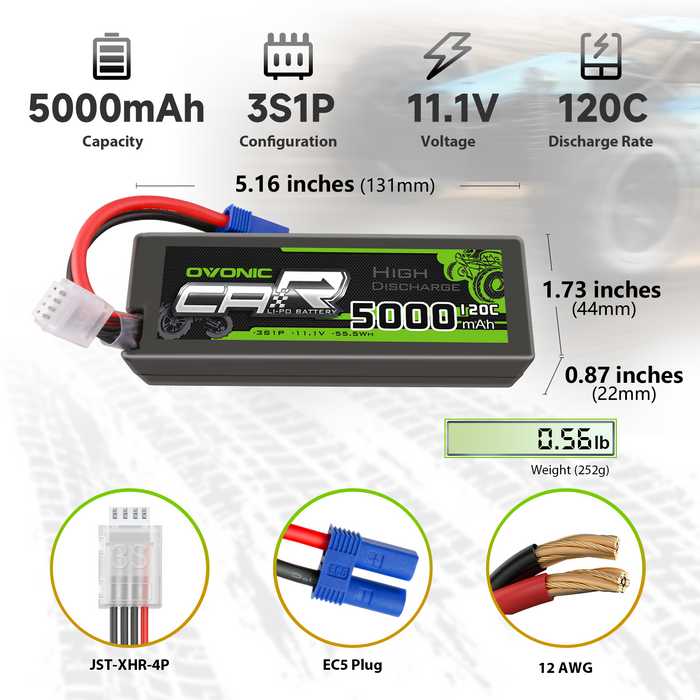 2 x OVONIC 11.1V 120C 5000mAh 3S Lipo Battery with EC5 Plug & Lipo Voltage Checker for 1/8 & 1/10 Scale RC Car Truck Boat RC Airplane Helicopter RC Vehicles