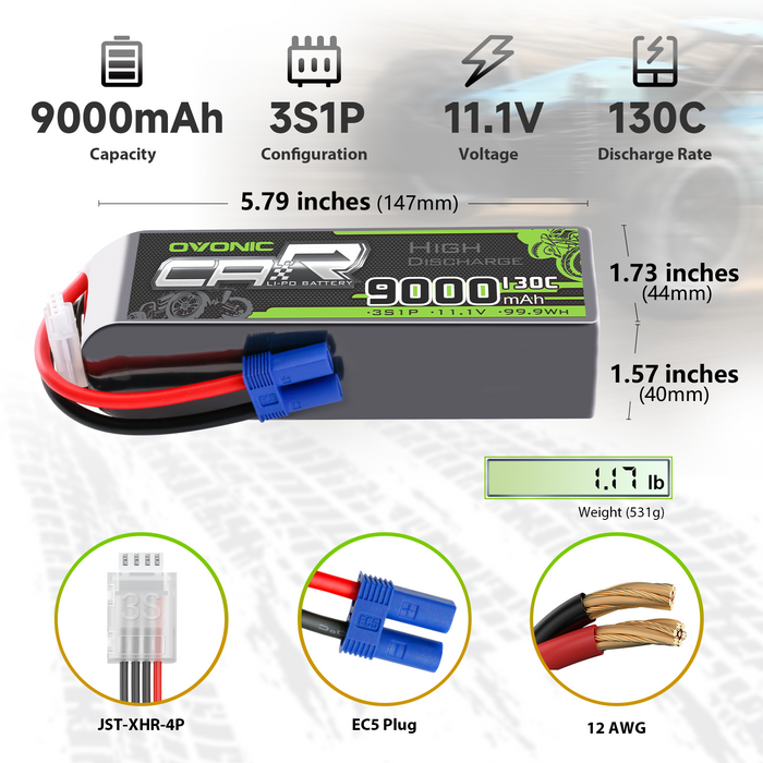 2 × OVONIC 3S Lipo Battery 9000mAh 130C 11.1V RC Lipo Battery with EC5 Plug for 1/10 RC Truck RC Vehicles Car