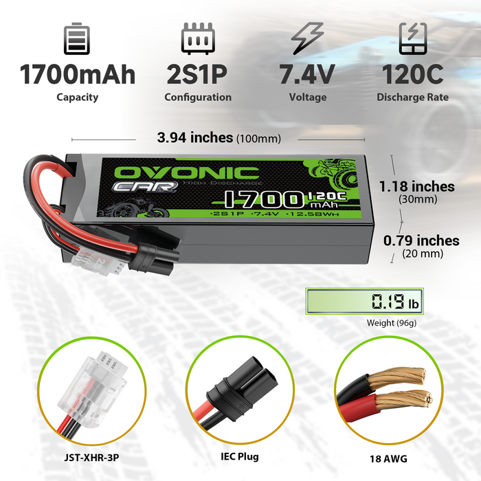 2 x OVONIC 1700mAh 120C 7.4V Lipo Battery with IEC Plug for 2S RC Vehicle 1/10 Scale RC Car Truck