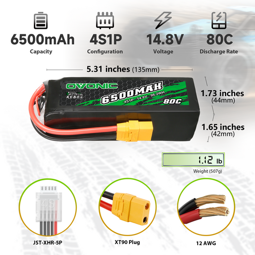 Ovonic Rebel 80C 6500mAh 4S 14.8V Lipo Battery for RC Car Truck ARRMA 4S 8S - XT90 Plug
