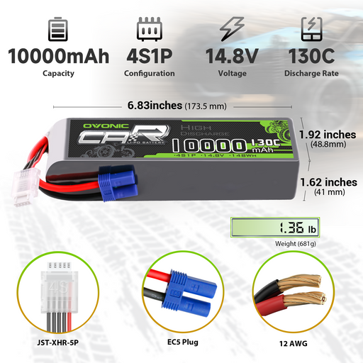2 x OVONIC 4S 10000mAh 14.8V 130C Lipo Battery with EC5 Connector & Lipo Voltage Checker for 1/5 & 1/8 Scale RC Car Truck Boat Large-Scale Airplane RC Racing - Ovonicshop