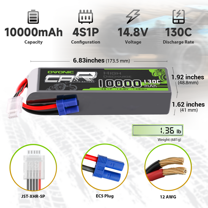 2 x OVONIC 4S 10000mAh 14.8V 130C Lipo Battery with EC5 Connector & Lipo Voltage Checker for 1/5 & 1/8 Scale RC Car Truck Boat Large-Scale Airplane RC Racing