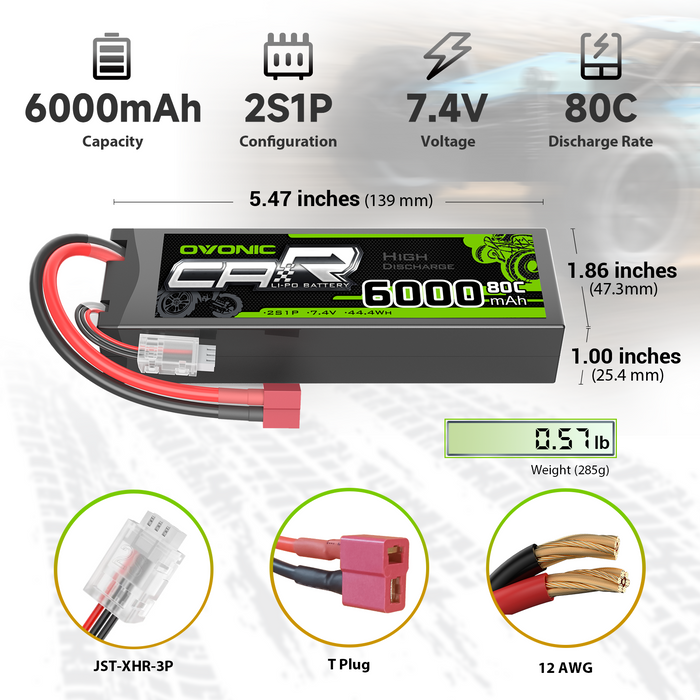 2X Ovonic 7.4V 80C 6000mAh 2S LiPo Battery Deans with Battery Voltage Tester