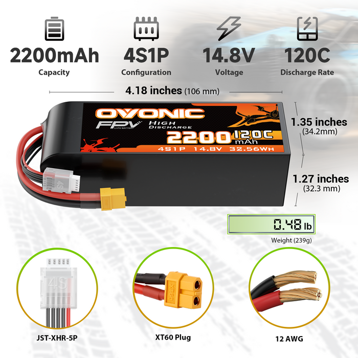 OVONIC 4S 120C 2200mAh 14.8V Lipo Battery with XT60 Connector & Lipo Voltage Checker for 5-Inch Freestyle FPV Racing Drone 4-7 inch Long-Range Drones