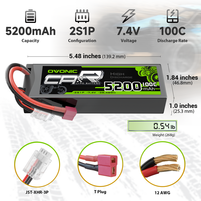 2x OVONIC 7.4V 100C 2S 5200mAh Hardcase Lipo Battery T Plug For 1/10 RC car truck boat - Ovonicshop