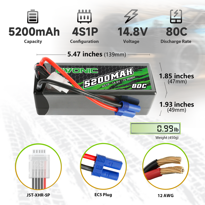 OVONIC 4S 5200mAh 80C 14.8V Hardcase RC Lipo Battery with EC5 Plug for RC 1/10 1/8 Vehicles Car RC Truck - Ovonicshop