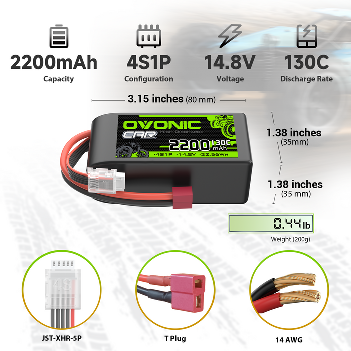 2x OVONIC 4S 2200mAh 14.8V 130C Shorty Lipo Battery with T Plug for 1/10 scale RC Car Truck Airplane - Ovonicshop