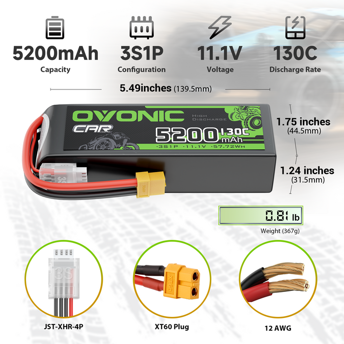 2x Ovonic 3S 5200mAh 130C LiPo Battery with XT60 to TRA Plug for 1/10 RC Slash Rustler Stampede