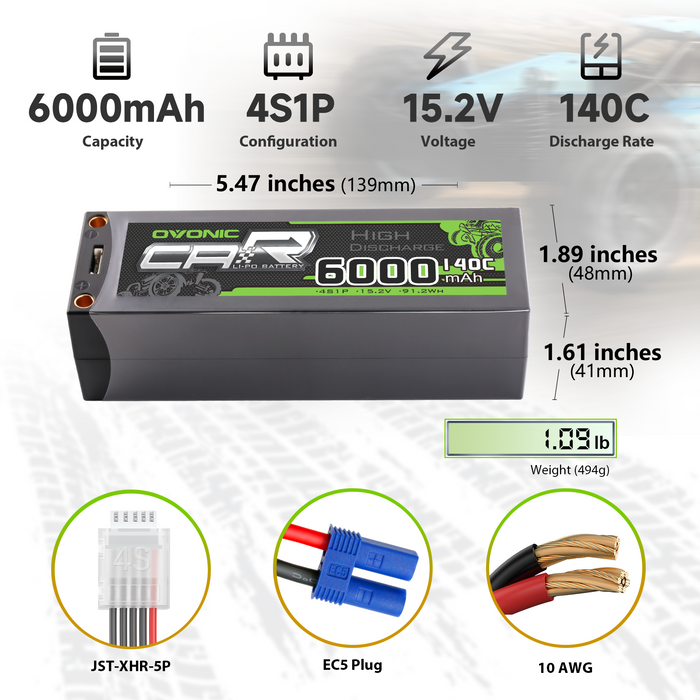 2× OVONIC 4S1P 6000mAh 140C 14.8V LiPo Battery with 5mm Bullet to EC5 Plug for for 1/5 Scale RC Cars & Drag Racing