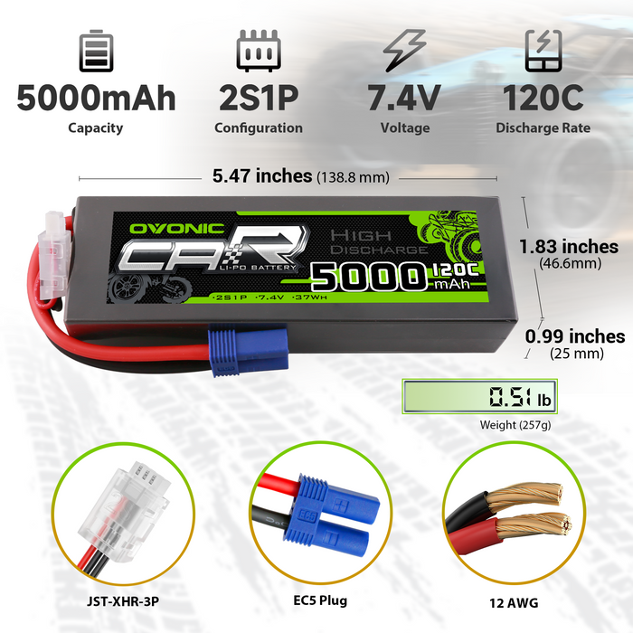 2x Ovonic 7.4V 120C 5000mAh 2S LiPo Battery with EC5 plug for 1/8 & 1/10 scale RC Vehicle - Ovonicshop