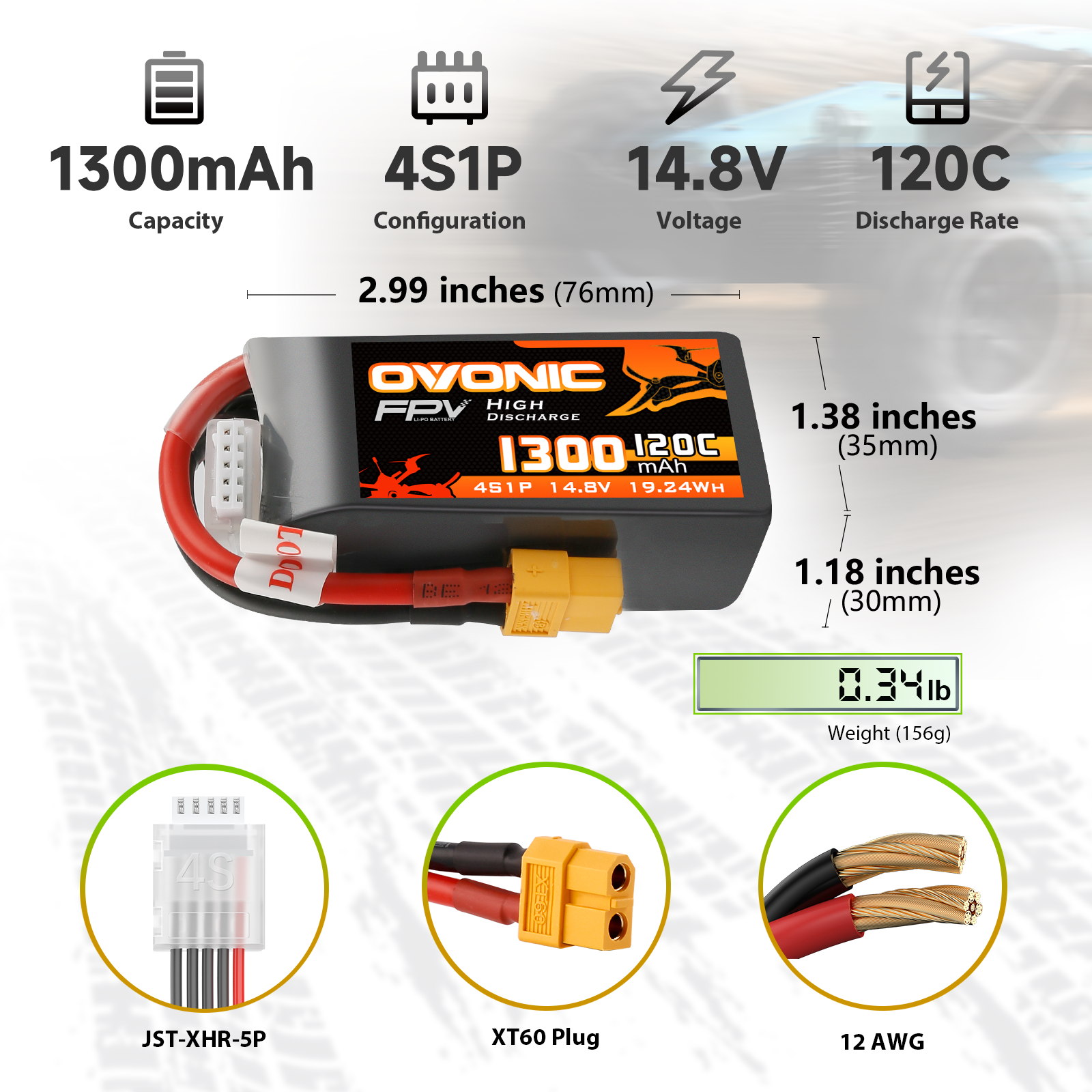 Ovonic 120C 14.8V 4S 1300mAh XT60 LiPo Battery for FPV Racing (2packs)