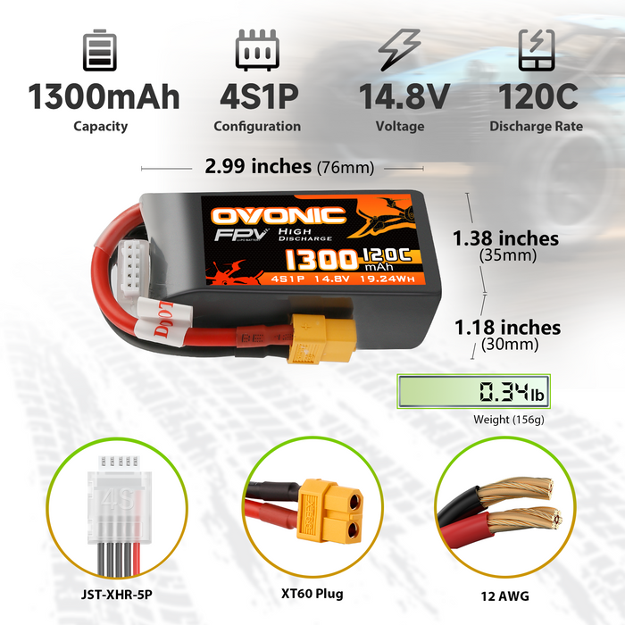 2x Ovonic 120C 14.8V 1300mAh 4S LiPo Battery Pack for FPV Racing - XT60 Plug