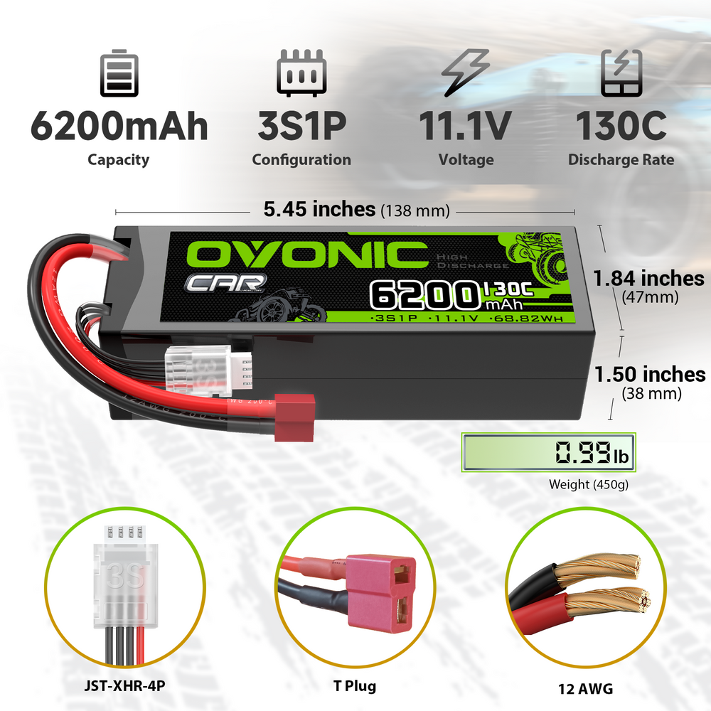2x OVONIC 3S 6200mAh 11.1V 130C Hardcase LiPo Battery with Deans Plug for 1/8 & 1/10 Scale RC Car Truck RC Airplane - Ovonicshop