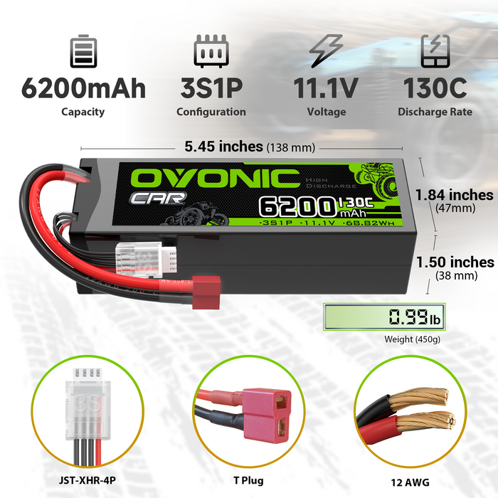 2x OVONIC 3S 6200mAh 11.1V 130C Hardcase LiPo Battery with Deans Plug for 1/8 & 1/10 Scale RC Car Truck RC Airplane - Ovonicshop