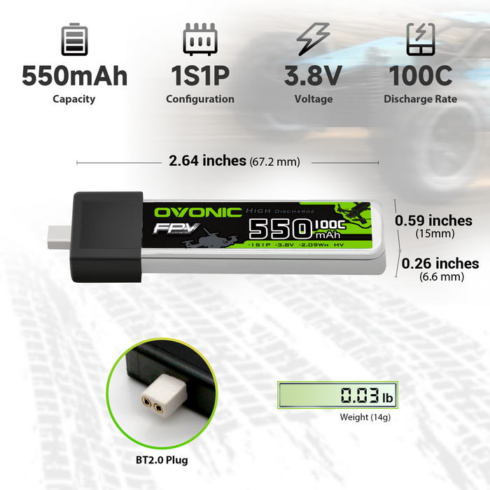 4×OVONIC 1S Lipo Battery 550mAh 1S1P 100C 3.8V LiHV LiPo Battery with BT2.0 Plug for 1S Tinywhoop 75mm FPV Drone