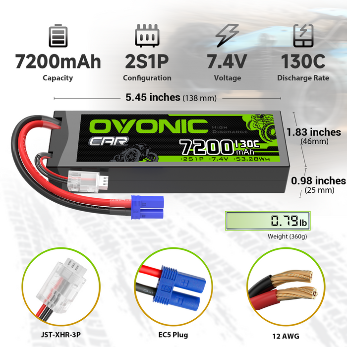 2 x OVONIC 2S 7200mAh 130C Hardcase 7.4V Lipo Battery with EC5 Plug for 1/10 scale Vehicles Car RC Truck