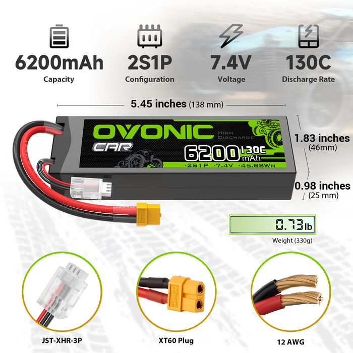 2x OVONIC 6200mAh 2S 7.4V 130C Hardcase LiPo Battery with XT60 to TRA Plug for 1/10 Scale RC Car Truck Buggy - Ovonicshop